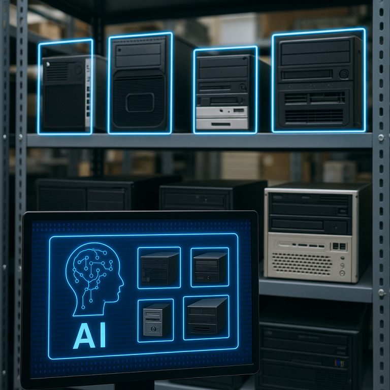 Artificial intelligence software scanning and identifying decommissioned IT assets in a secure warehouse setting.