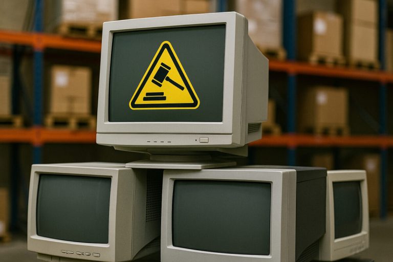 CRT monitors stacked in a warehouse with a legal warning symbol on one screen, highlighting regulatory trends in ITAD.