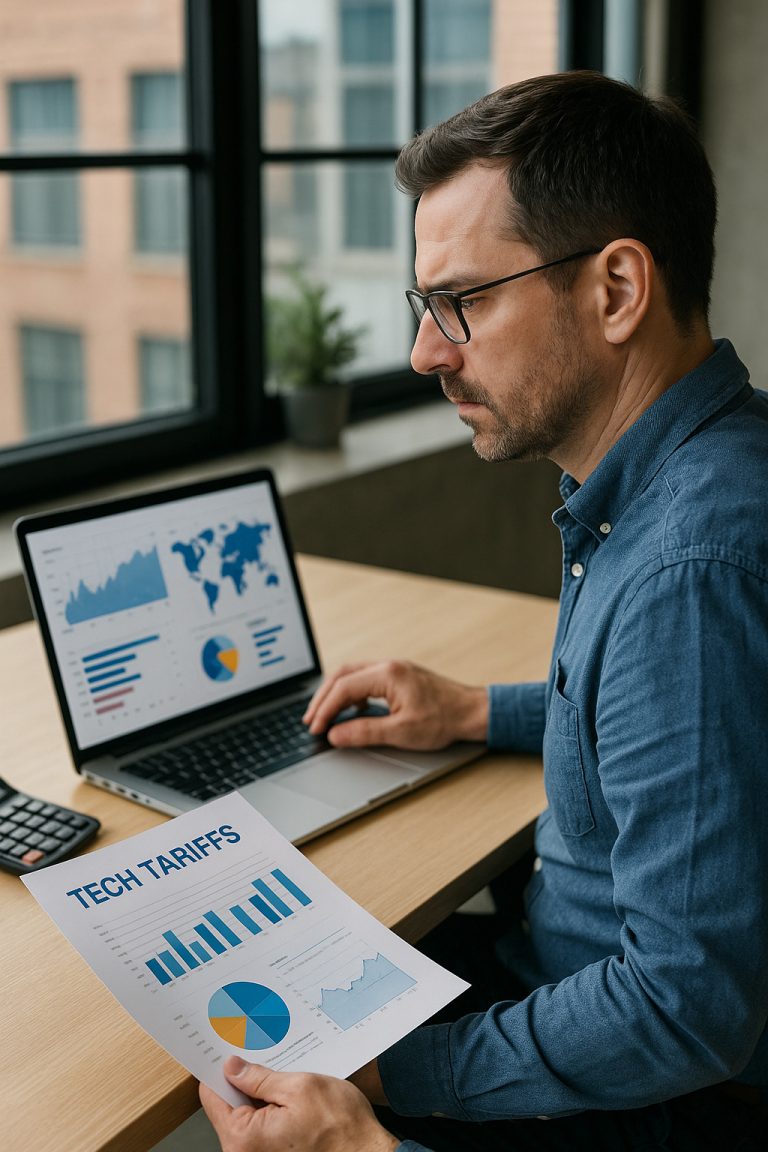IT manager analyzing tech tariff data for ITAD strategy planning