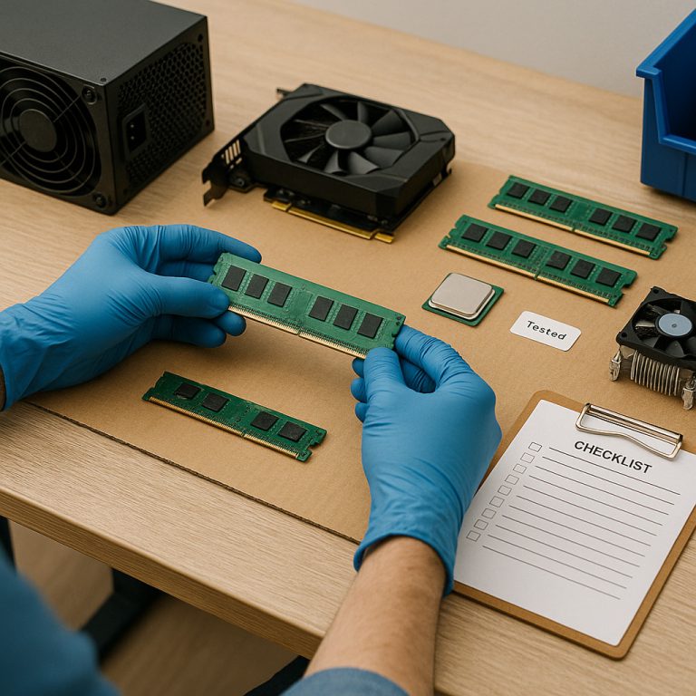 Technician inspecting used computer parts before resale