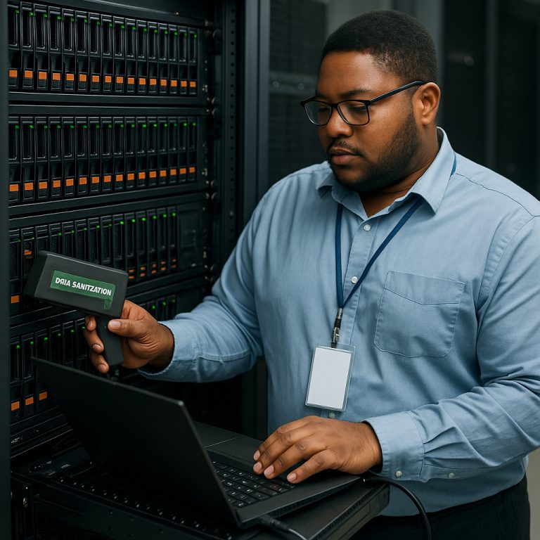 A technician performing secure data sanitization on enterprise storage devices.
