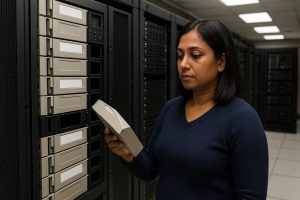 IT manager examining a tape library system