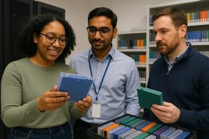 IT professionals collaboratively inspecting or discussing LTO-10 cartridges near a tape library or shelving