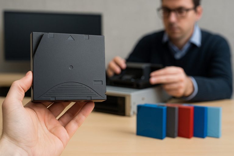 LTO tape cartridges lined up on a clean desk with a professional in the background examining a tape drive.