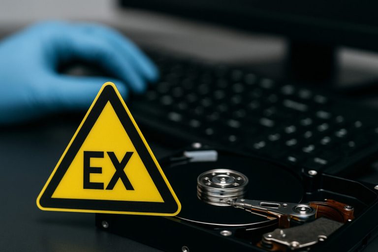 an open hard drive with warning signage in a secure environment.