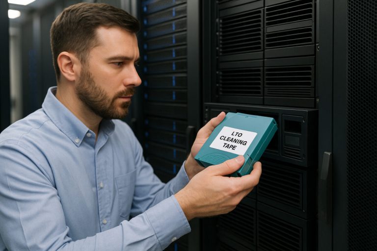 Technician Using LTO Cleaning Tape in a Data Center