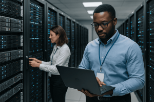 Used IT equipment data center management, server rack maintenance, and IT asset disposal. Professionals inspecting and managing used equipment in a modern server room for resale or recycling.