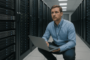 A refurbished server being tested by an IT professional in a clean lab setting