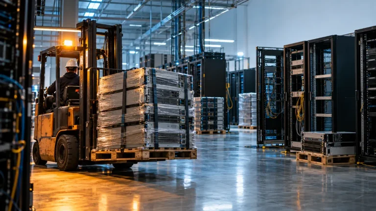 Forklift Moving Servers Through Data Center