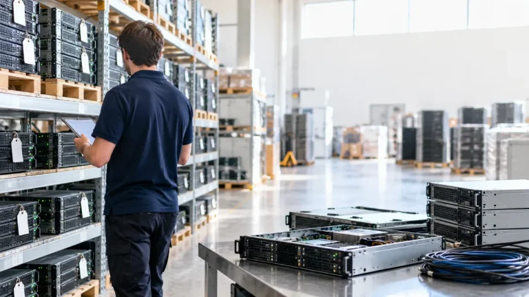 IT Technician Inventorying Warehouse Servers