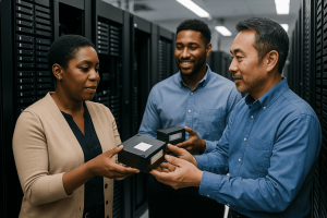 Close-up of several individuals handing off tape cartridges in a clean archive room, symbolizing equity and teamwork.