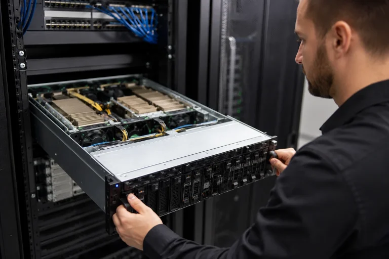 Technician working in data center rack