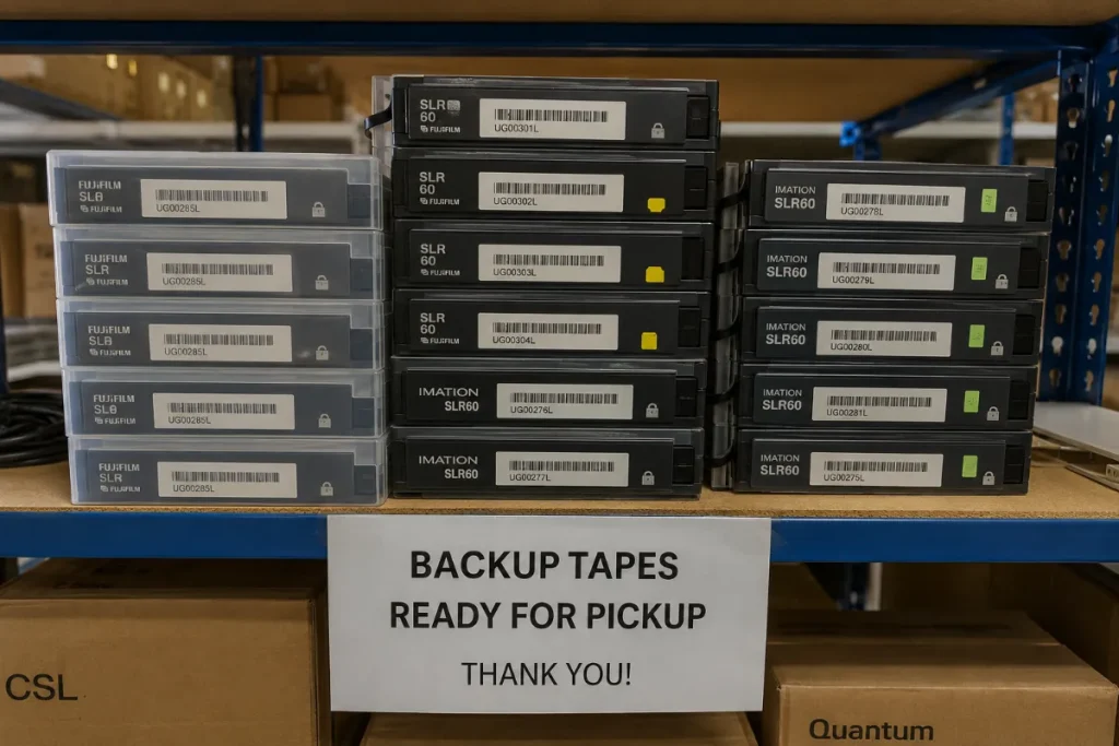 SLR and MLR backup tape cartridges staged for pickup at We Buy Used IT Equipment