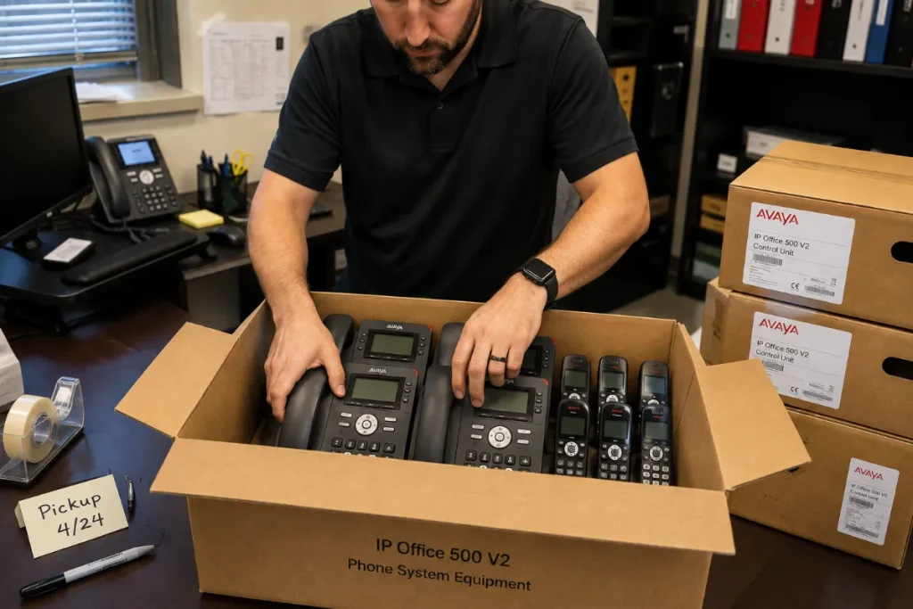 Office team preparing surplus Avaya phones for pickup and resale.