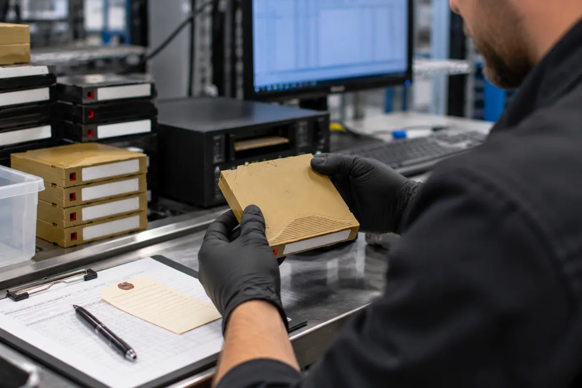 Technician Inspecting Backup Cartridge