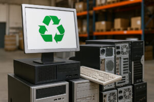Stack of outdated desktop computers and a monitor displaying a recycling symbol in a warehouse, representing ITAD sustainability.