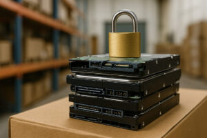 A gold padlock resting on top of stacked hard drives, symbolizing secure data destruction and IT asset protection.