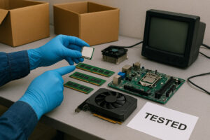 Used computer parts securely packed in a shipping box