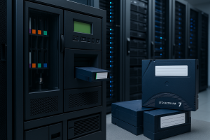 A realistic image of data storage tape equipment (e.g., tape libraries, LTO cartridges) in an IT or data center setting