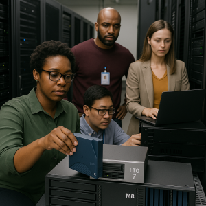 IT professionals working in a server / data center room with tape library racks (including an M8 + LTO‑7 stack)