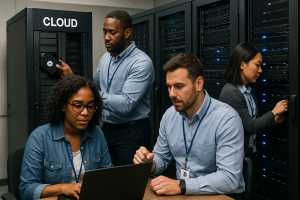 A diverse group of IT professionals (different genders, ethnicities) working in a modern server room, interacting with both cloud and tape storage equipment.