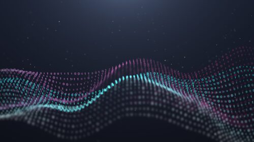 Illustration of Futuristic Abstract Background,Particle shape of waves,binary code motion graphics digital design for Business technology and science concept