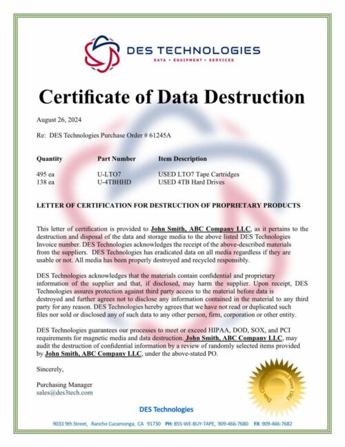 sample certificate of data destruction