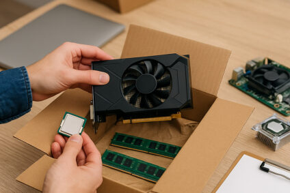 Person preparing used computer parts for resale