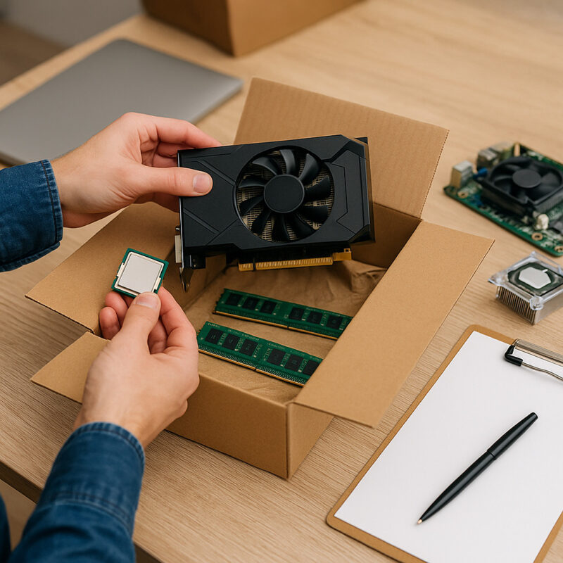 Person preparing used computer parts for resale