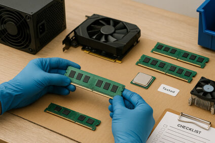 Technician inspecting used computer parts before resale