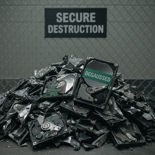 A pile of degaussed and shredded hard drives in a secure destruction facility.