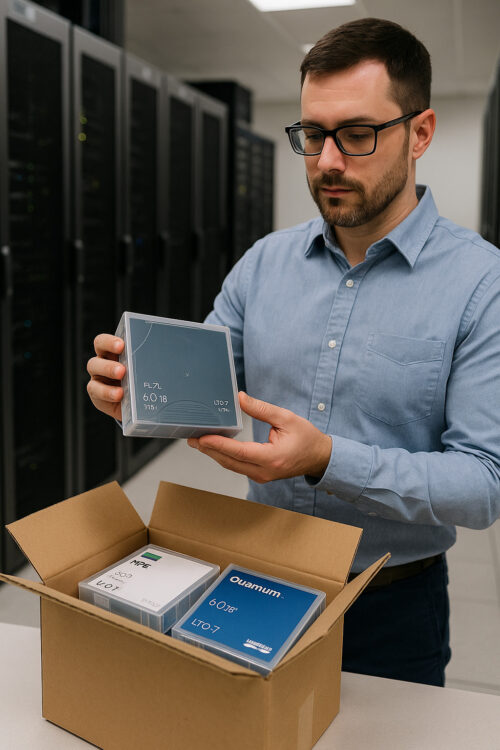 technician packing LTO-7 tapes into a box for resale