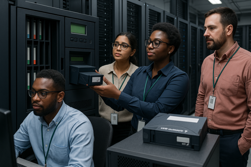 A realistic, diverse group of IT professionals working in a server room or data center, with tape storage equipment visible