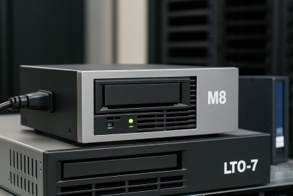A close-up, high-resolution “product shot” of an M8 controller or drive module connected to an LTO‑7 tape library / drive stack.