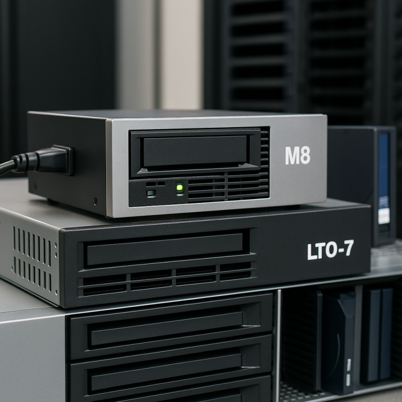 A close-up, high-resolution “product shot” of an M8 controller or drive module connected to an LTO‑7 tape library / drive stack.