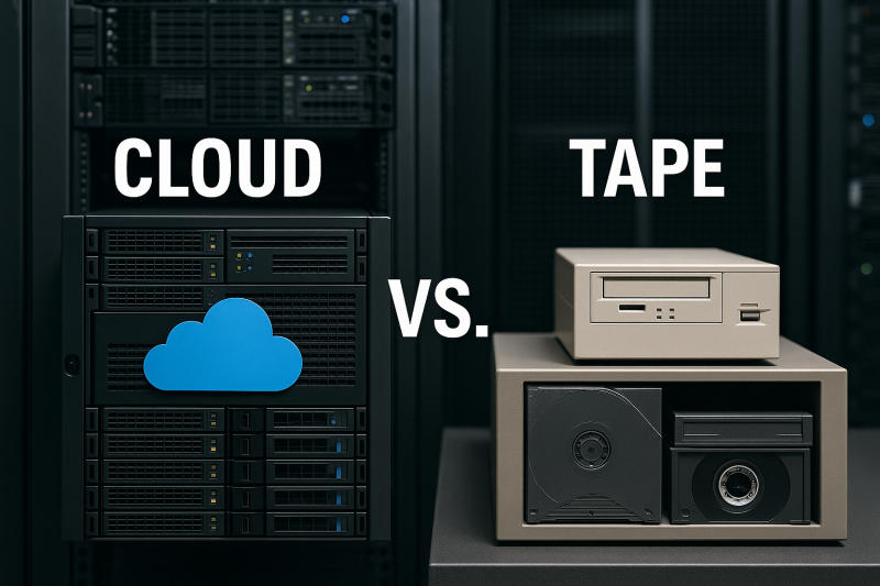 Realistic comparison setup showing cloud storage server racks versus traditional magnetic tape backup storage units.