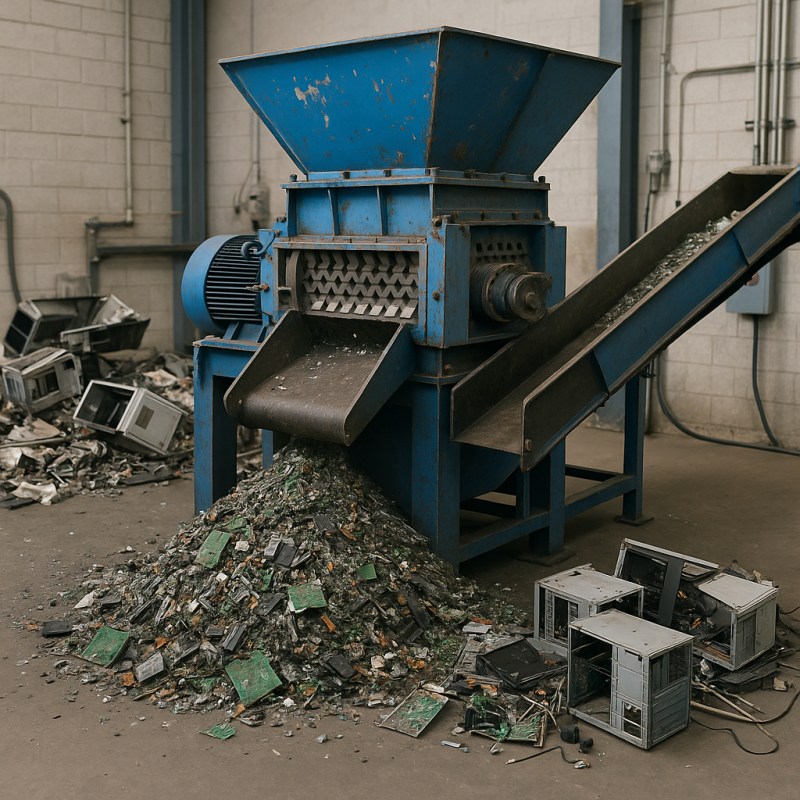 showcasing industrial shredders, dismantled electronics, circuit boards, etc.